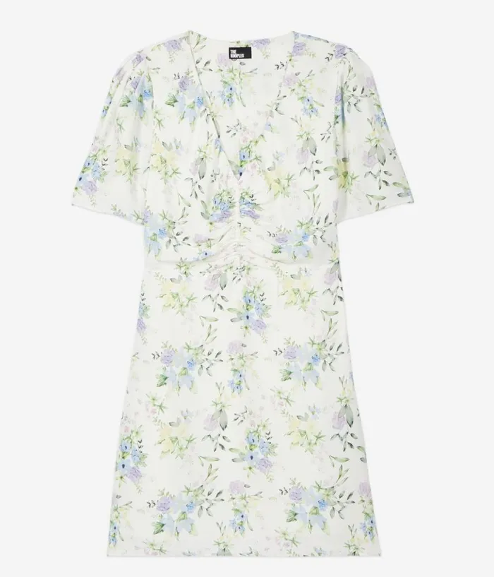 Women Dresses and Jumpsuits THE KOOPLES White Floral Short Sleeve Short Dress With Shirring Women Dresses and Jumpsuits THE KOOPLES White Floral Short Sleeve Short Dress With Shirring