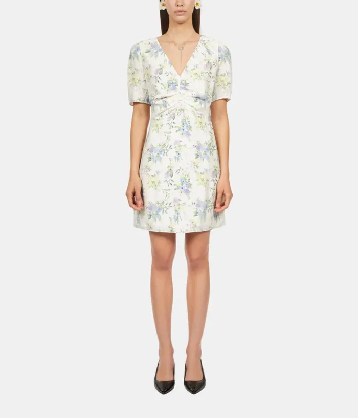 Women Dresses and Jumpsuits THE KOOPLES White Floral Short Sleeve Short Dress With Shirring Women Dresses and Jumpsuits THE KOOPLES White Floral Short Sleeve Short Dress With Shirring