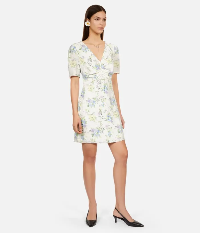Women Dresses and Jumpsuits THE KOOPLES White Floral Short Sleeve Short Dress With Shirring Women Dresses and Jumpsuits THE KOOPLES White Floral Short Sleeve Short Dress With Shirring