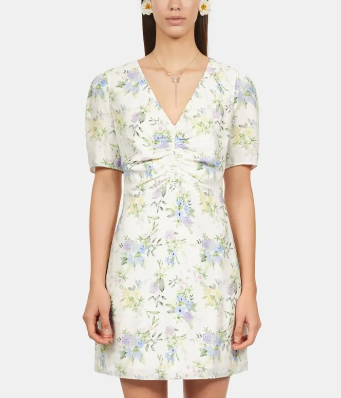 Women Dresses and Jumpsuits THE KOOPLES White Floral Short Sleeve Short Dress With Shirring Women Dresses and Jumpsuits THE KOOPLES White Floral Short Sleeve Short Dress With Shirring