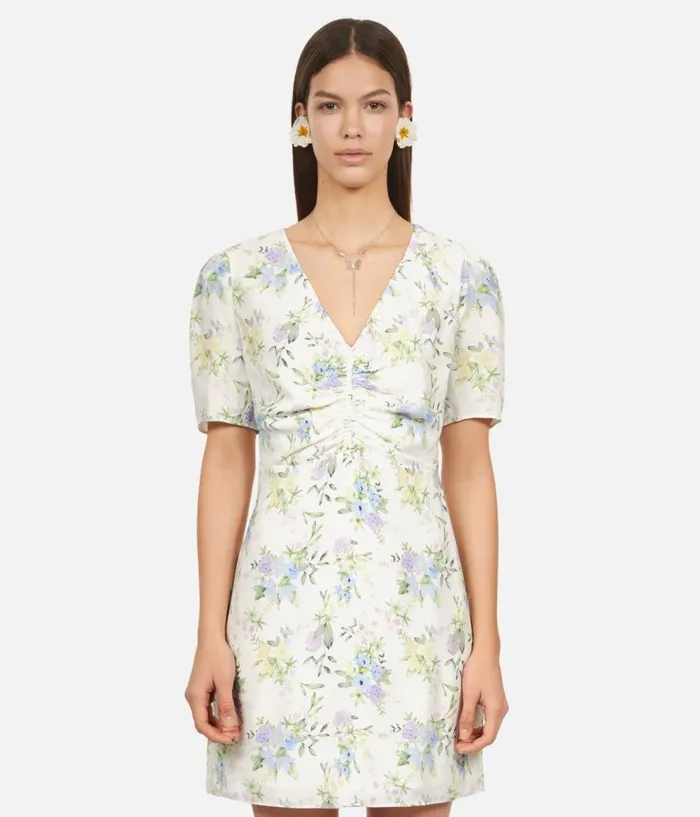 Women Dresses and Jumpsuits THE KOOPLES White Floral Short Sleeve Short Dress With Shirring Women Dresses and Jumpsuits THE KOOPLES White Floral Short Sleeve Short Dress With Shirring