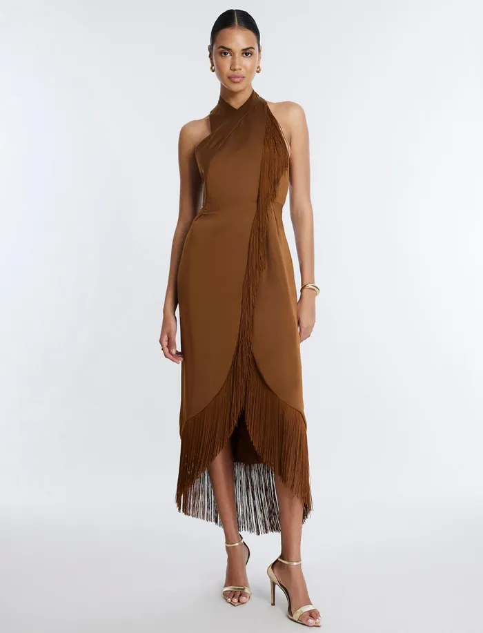 Women Dresses BCBG Arla Halter Fringe Dress Monks Robe