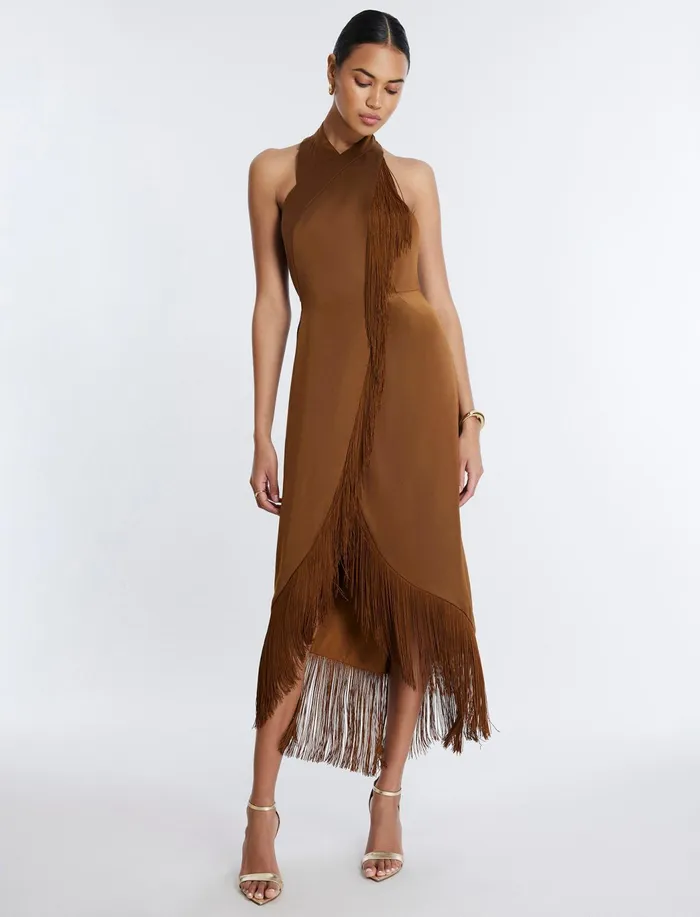 Women Dresses BCBG Arla Halter Fringe Dress Monks Robe