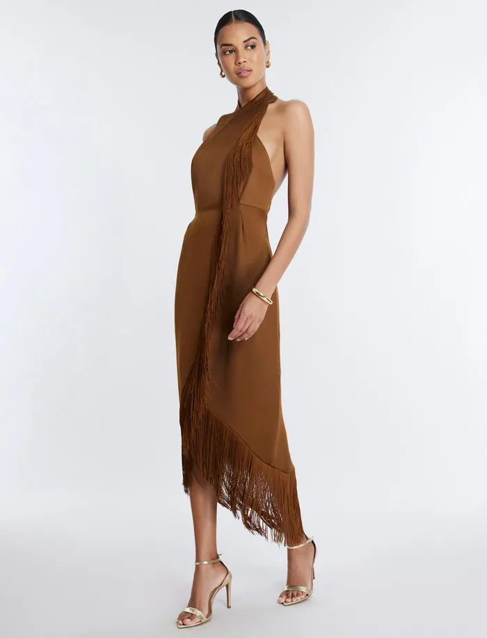 Women Dresses BCBG Arla Halter Fringe Dress Monks Robe