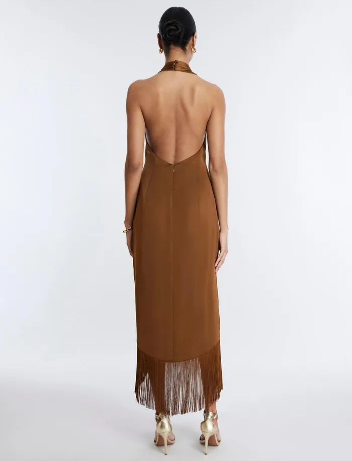 Women Dresses BCBG Arla Halter Fringe Dress Monks Robe
