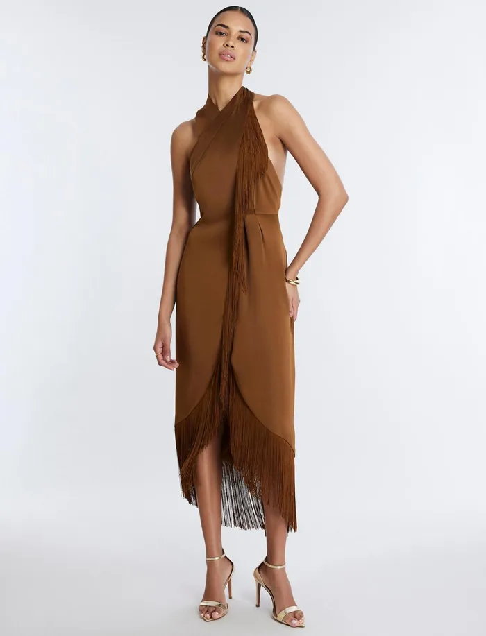 Women Dresses BCBG Arla Halter Fringe Dress Monks Robe