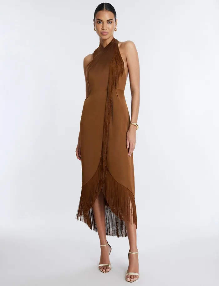 Women Dresses BCBG Arla Halter Fringe Dress Monks Robe