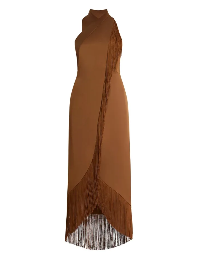 Women Dresses BCBG Arla Halter Fringe Dress Monks Robe