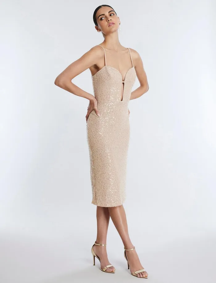 Women Dresses BCBG Georgina Midi Dress Champagne