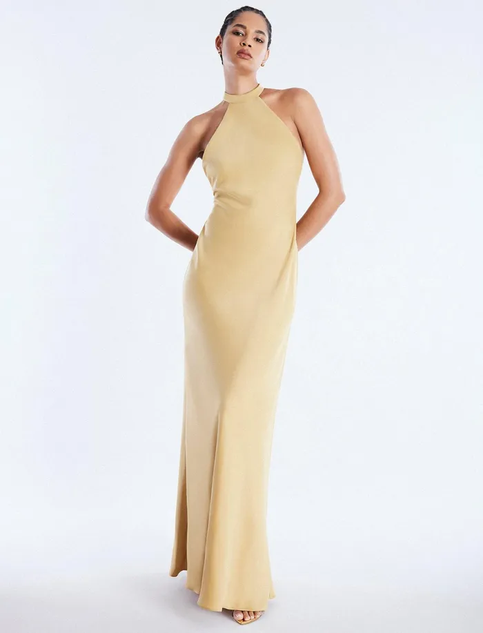 Women Dresses BCBG Peighten Halter Gown Prairie Sand