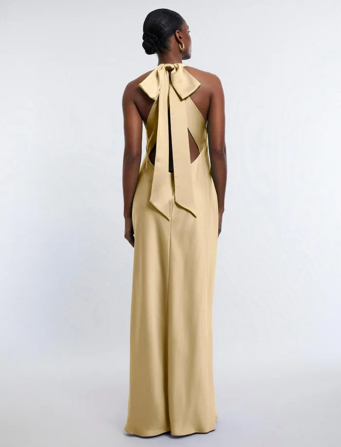 Women Dresses BCBG Peighten Halter Gown Prairie Sand
