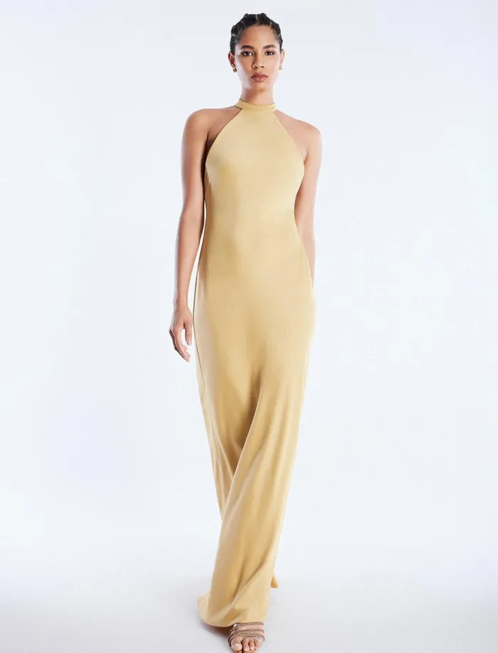 Women Dresses BCBG Peighten Halter Gown Prairie Sand