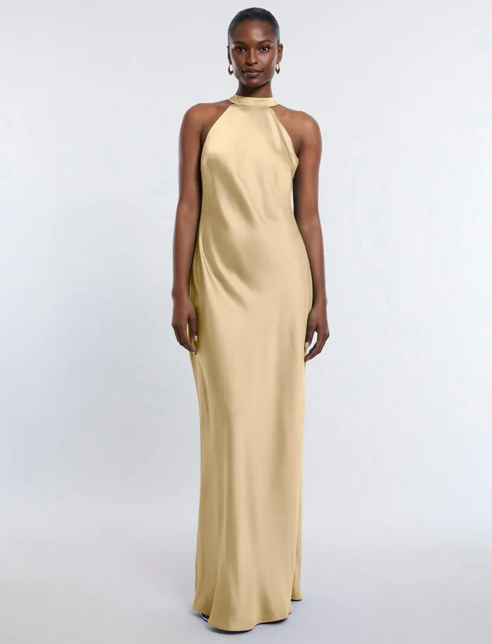 Women Dresses BCBG Peighten Halter Gown Prairie Sand