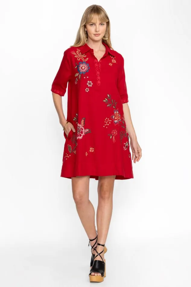 Women Dresses Johnny Was MESSINE LINEN POLO DRESS Equestrian Red