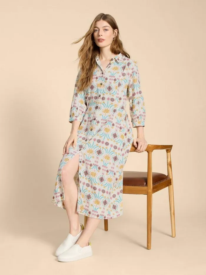 Women DRESSES White Stuff Hayden Linen Blend Shirt Dress Natural Print