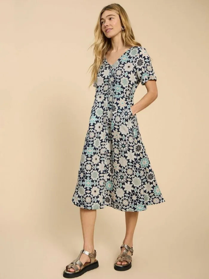 Women DRESSES White Stuff Ivy Linen V Neck Midi Dress Blue Print