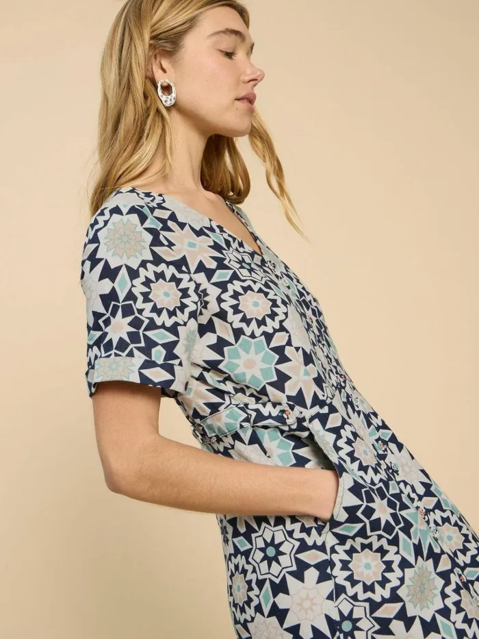 Women DRESSES White Stuff Ivy Linen V Neck Midi Dress Blue Print Women DRESSES White Stuff Ivy Linen V Neck Midi Dress Blue Print