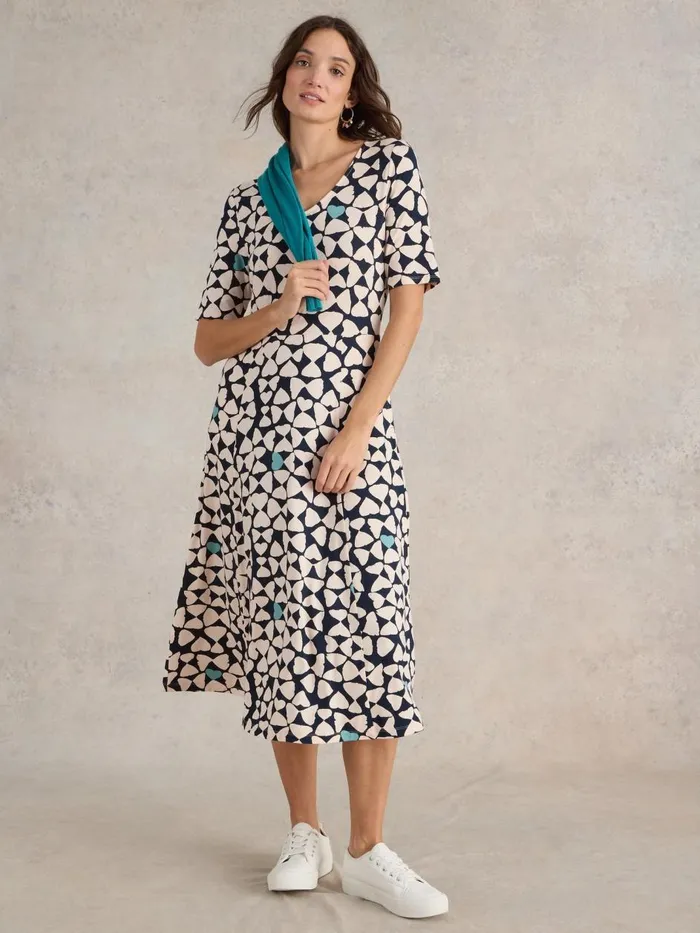 Women DRESSES White Stuff Madeline Midi Jersey Dress Navy Print