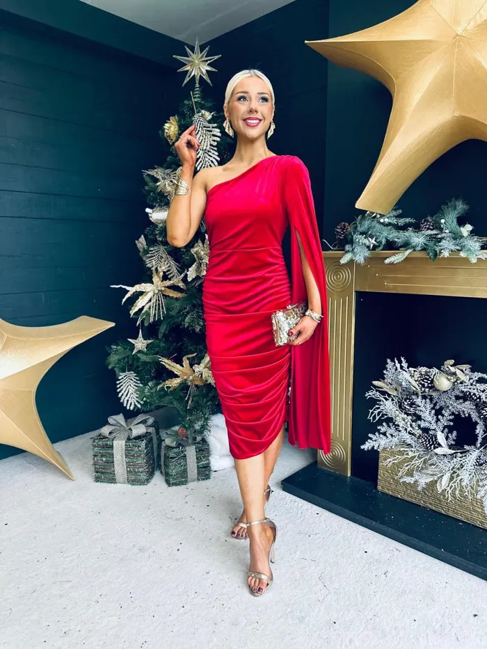 Women Evening Dress Canella Lane Elaine Ruched Velvet Occasion Dress Red
