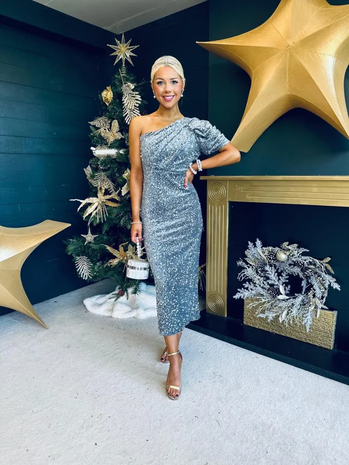 Women Evening Dress Canella Lane Georgia One Shoulder Sequin Midi Dress Silver
