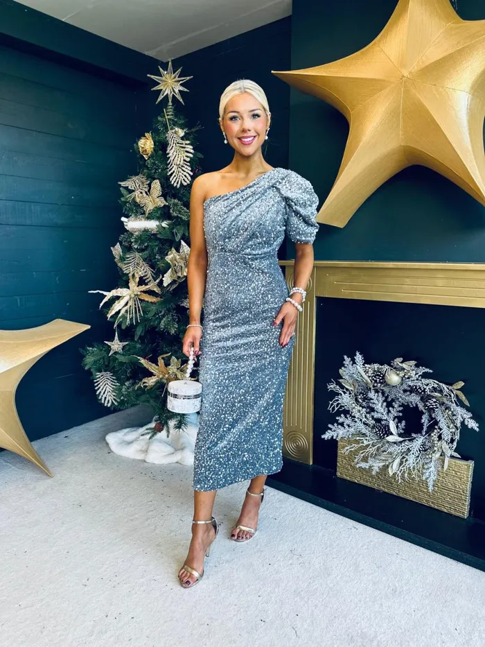 Women Evening Dress Canella Lane Georgia One Shoulder Sequin Midi Dress Silver