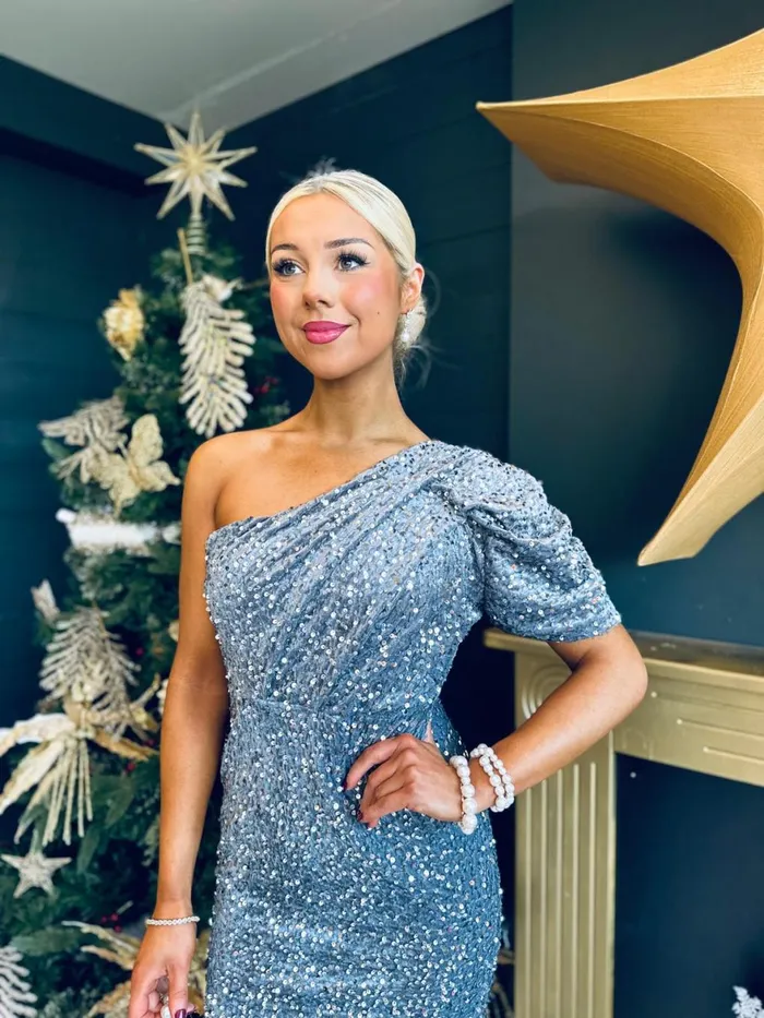 Women Evening Dress Canella Lane Georgia One Shoulder Sequin Midi Dress Silver