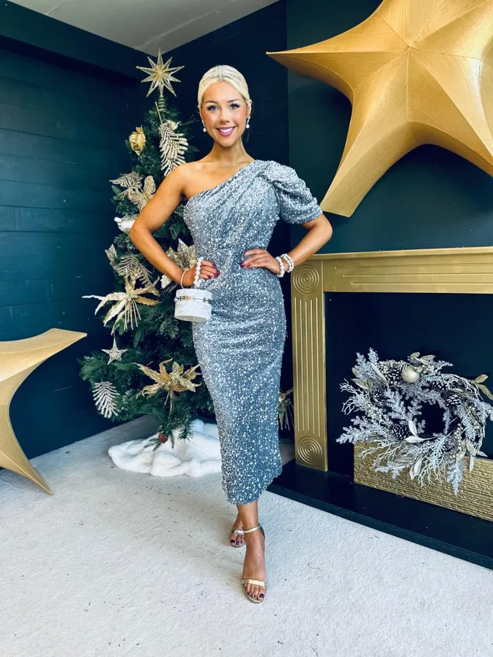 Women Evening Dress Canella Lane Georgia One Shoulder Sequin Midi Dress Silver