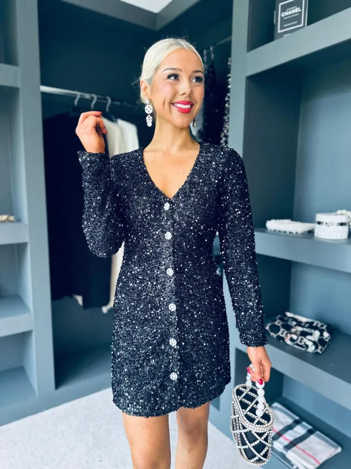 Women Evening Dress Canella Lane Lilly Detailed Sequin Mini Dress Black