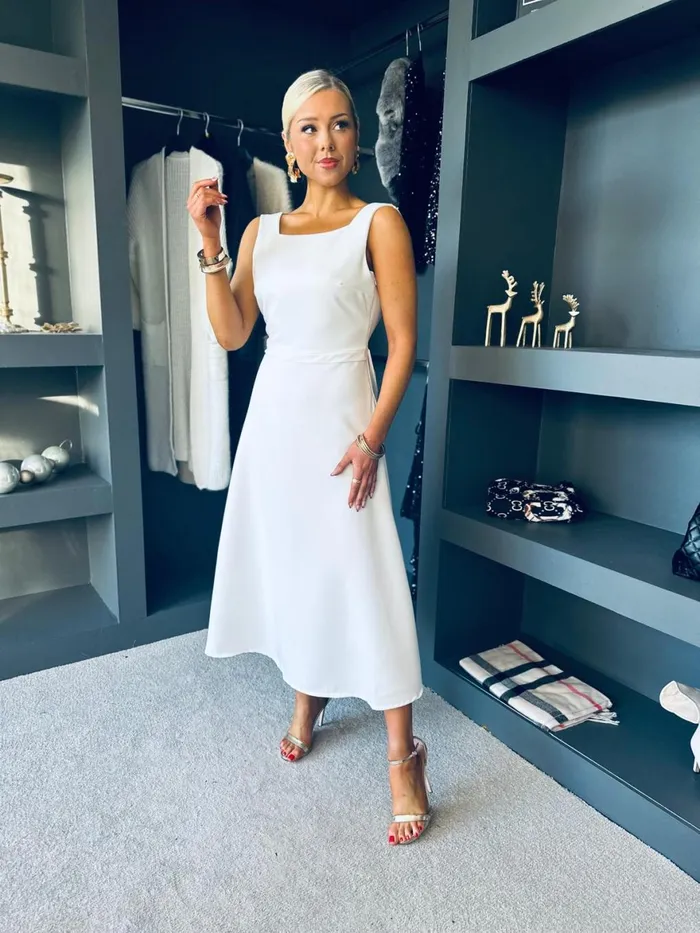 Women Evening Dress Canella Lane Monroe Bow Detail Midi Dress White