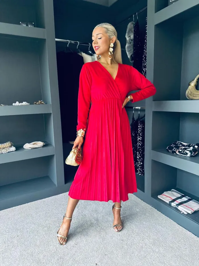 Women Evening Dress Canella Lane Riadh Pleated Velvet Dress Red