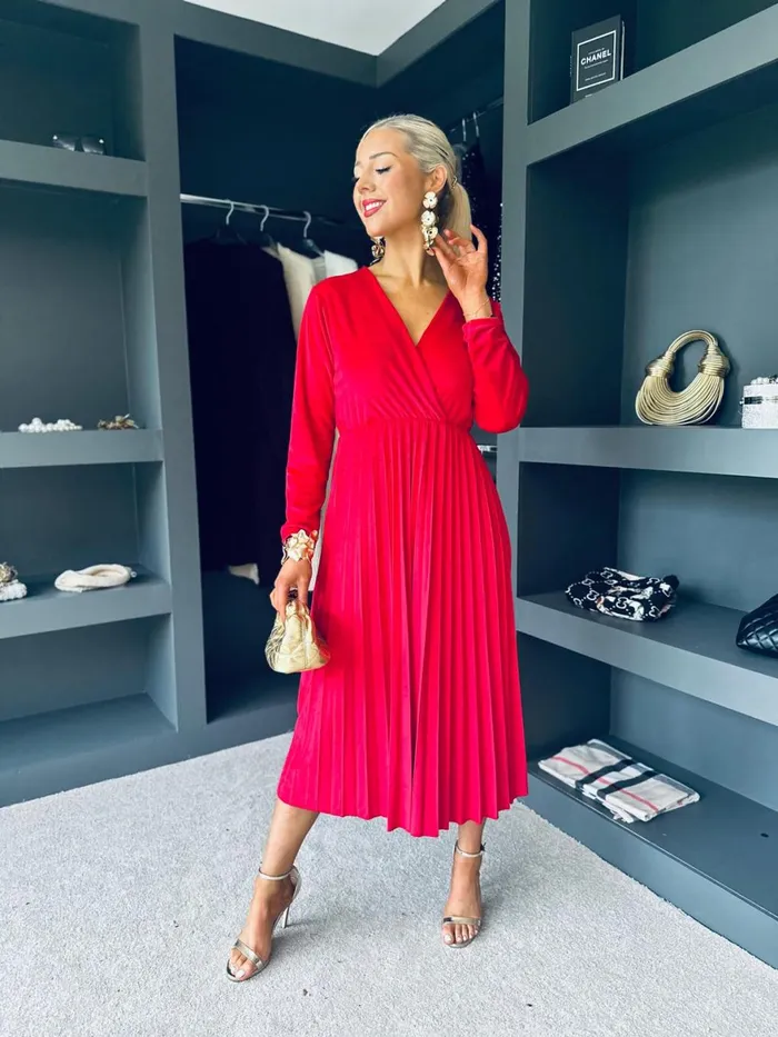 Women Evening Dress Canella Lane Riadh Pleated Velvet Dress Red