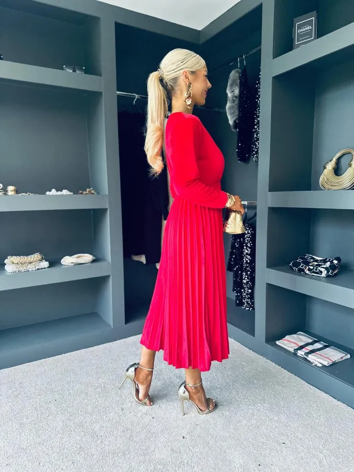 Women Evening Dress Canella Lane Riadh Pleated Velvet Dress Red
