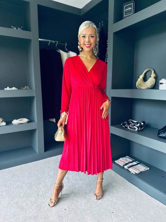 Women Evening Dress Canella Lane Riadh Pleated Velvet Dress Red