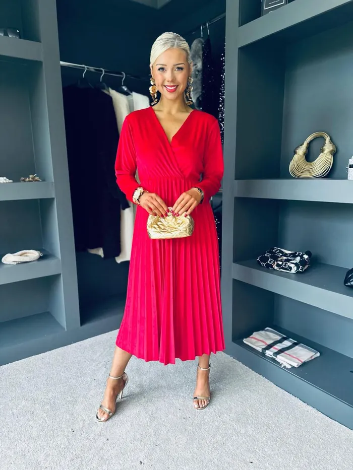 Women Evening Dress Canella Lane Riadh Pleated Velvet Dress Red