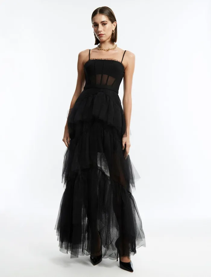Women Evening Dresses and Gowns BCBG Black Oly Tiered Ruffle Tulle Gown Black