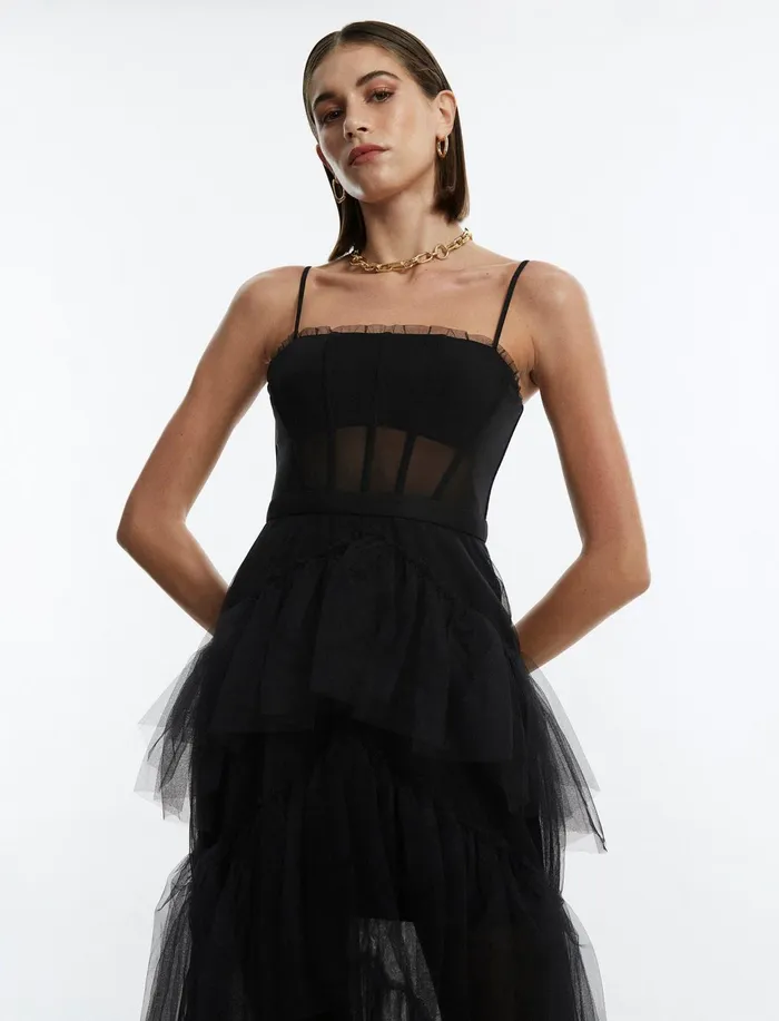 Women Evening Dresses and Gowns BCBG Black Oly Tiered Ruffle Tulle Gown Black