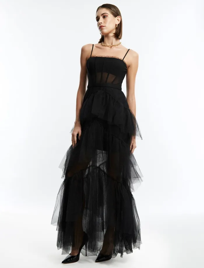 Women Evening Dresses and Gowns BCBG Black Oly Tiered Ruffle Tulle Gown Black