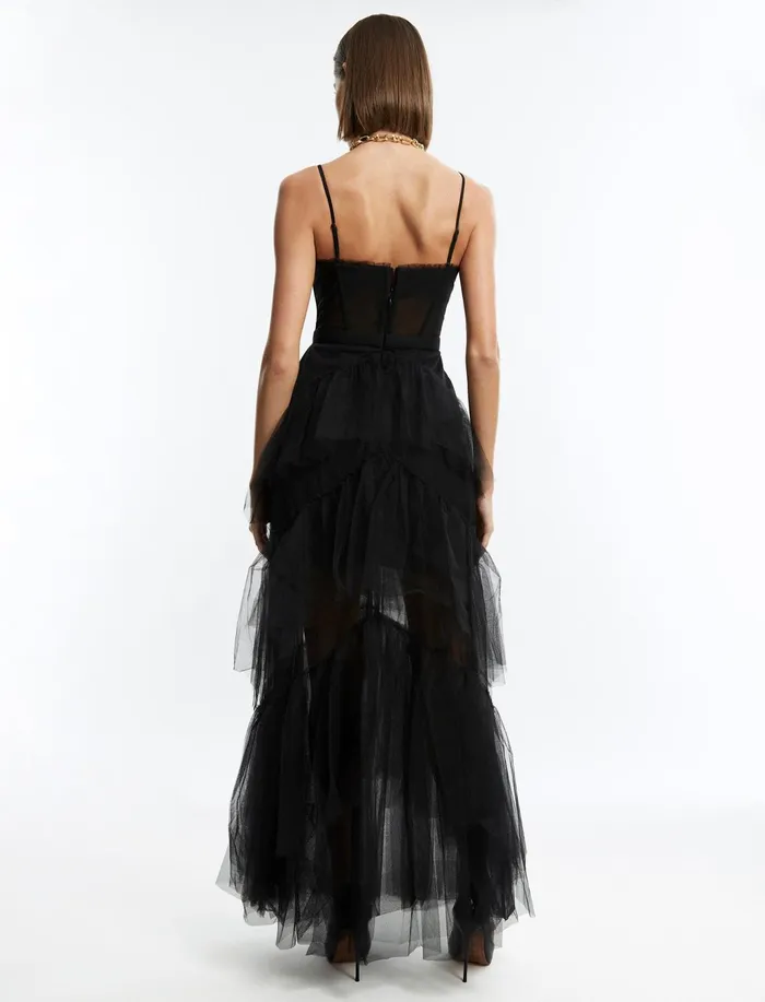 Women Evening Dresses and Gowns BCBG Black Oly Tiered Ruffle Tulle Gown Black