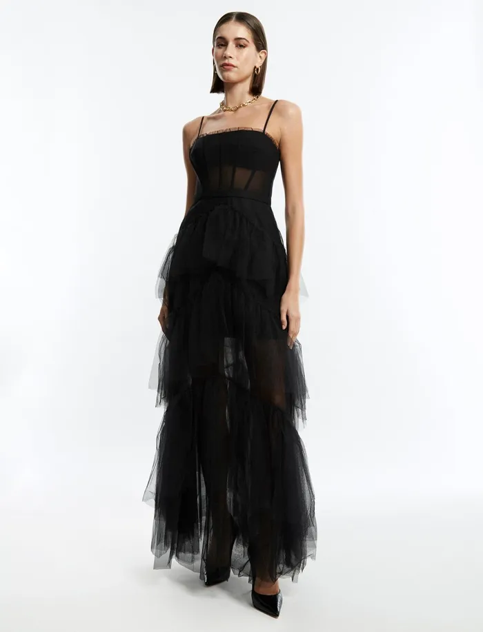 Women Evening Dresses and Gowns BCBG Black Oly Tiered Ruffle Tulle Gown Black