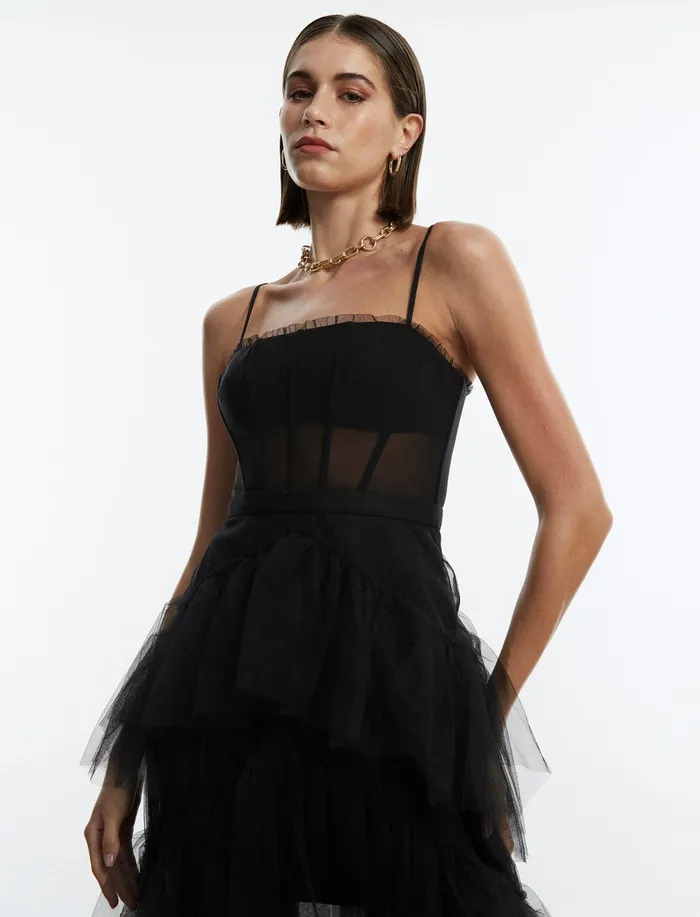 Women Evening Dresses and Gowns BCBG Black Oly Tiered Ruffle Tulle Gown Black