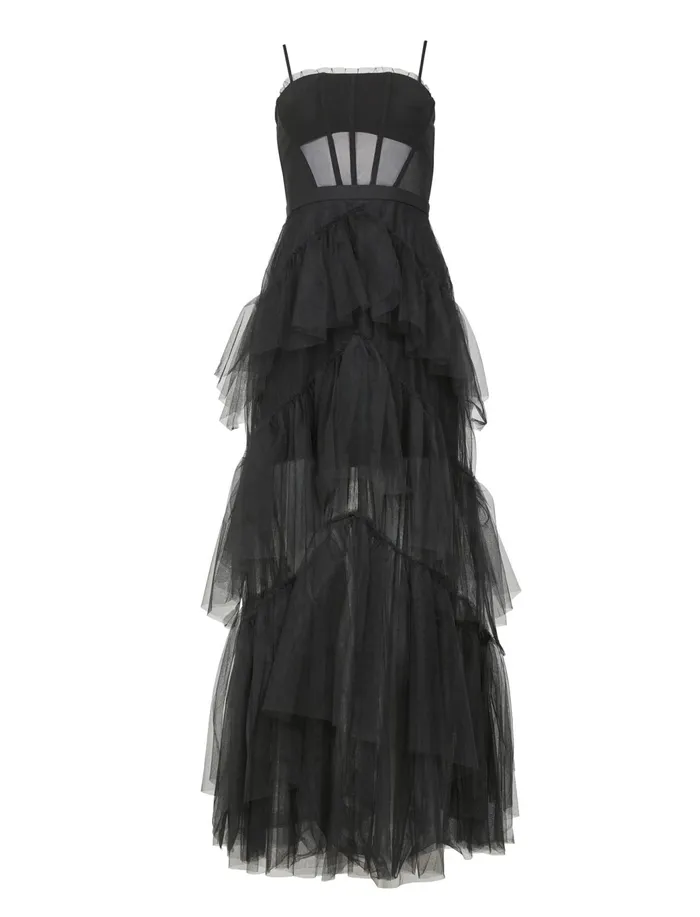 Women Evening Dresses and Gowns BCBG Black Oly Tiered Ruffle Tulle Gown Black