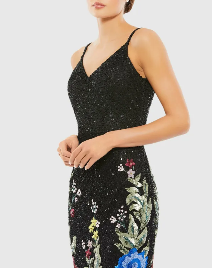 Women Floral Embellished Spaghetti Strap Gown Black Multi Evening Gowns Mac Duggal