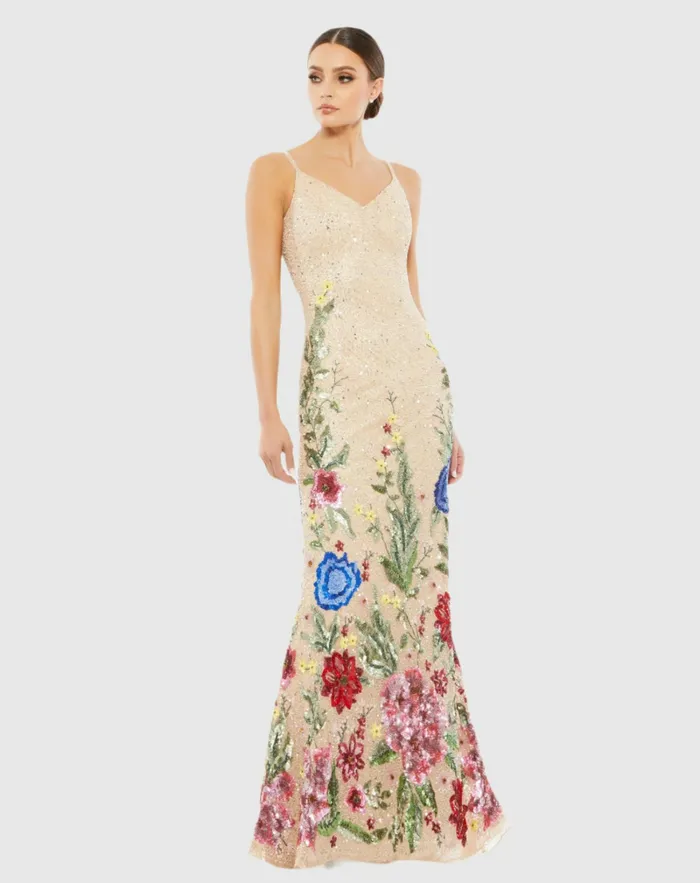 Women Floral Embellished Spaghetti Strap Gown Black Multi Evening Gowns Mac Duggal