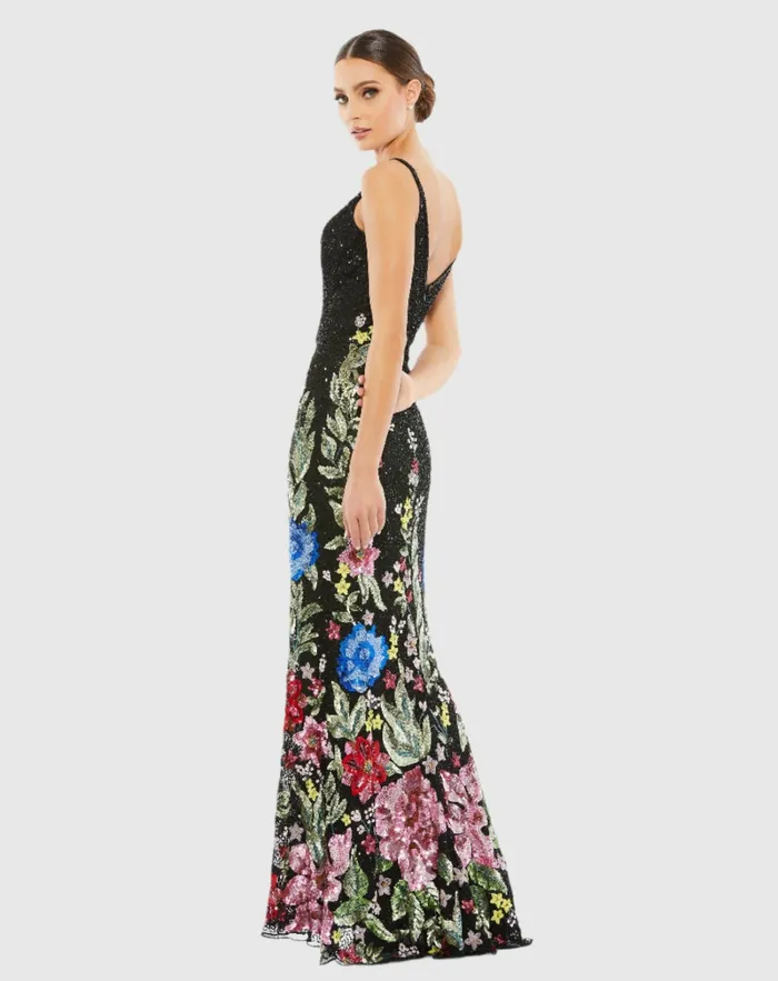 Women Floral Embellished Spaghetti Strap Gown Black Multi Evening Gowns Mac Duggal