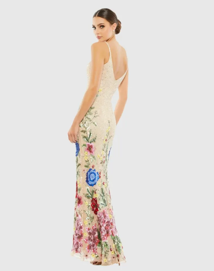 Women Floral Embellished Spaghetti Strap Gown Black Multi Evening Gowns Mac Duggal