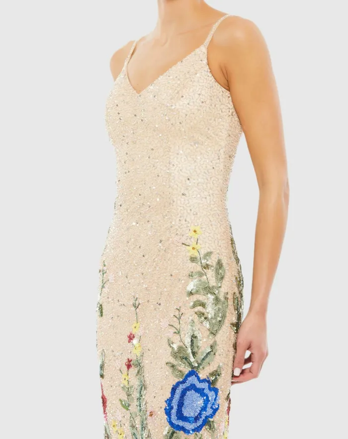 Women Floral Embellished Spaghetti Strap Gown Black Multi Evening Gowns Mac Duggal