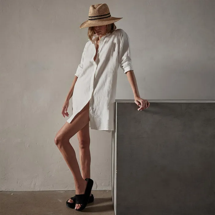 WOMEN James Perse DRESSESJUMPSUITS Pacific Linen Shirt Dress Everest White Pigment