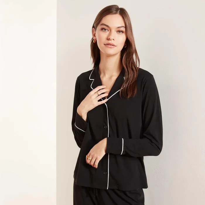 WOMEN James Perse LOUNGE Piped Jersey Pajama Top Blackwhite