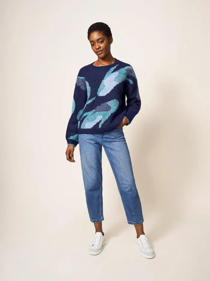 Women KNITWEAR White Stuff ABSTRACT KOI JUMPER Navy Multi