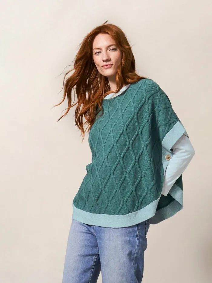 Women KNITWEAR White Stuff Fern Knitted Casual Poncho Mid Teal Women KNITWEAR White Stuff Fern Knitted Casual Poncho Mid Teal